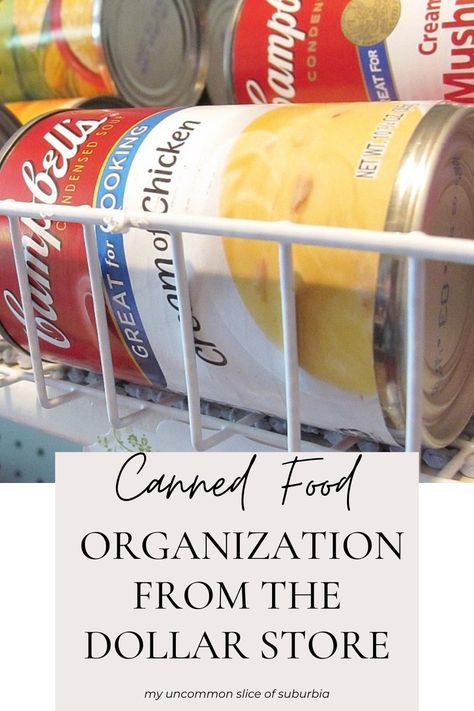 Maximize your pantry space with our budget-friendly canned food organization tips using items from the dollar store. Discover clever and cost-effective solutions to keep your canned goods neatly arranged and easily accessible. Our expert advice and creative ideas will help you streamline your storage and make mealtime a breeze. Say goodbye to pantry clutter and hello to a well-organized and efficient kitchen. #dollarstore #organization Soup Can Organization Diy, Pantry Canned Goods Storage, Organize Canned Goods In Pantry, Kitchen Food Storage Ideas Cupboards, How To Organize Canned Goods In Pantry, Ways To Store Canned Goods, Dollar Tree Can Organizer, Canned Food Storage Diy, Can Goods Storage Ideas Pantries