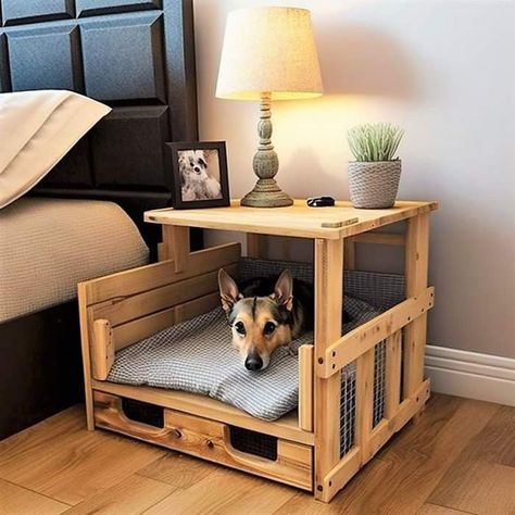 Dog Bed Nightstand Diy, Bedside Dog Bed, Dog Bed Table, Indoor Dog House Diy, Corgi Queen, Pallet Dog Beds, Dog Bedroom, Pallet Furniture Plans, Indoor Dog House