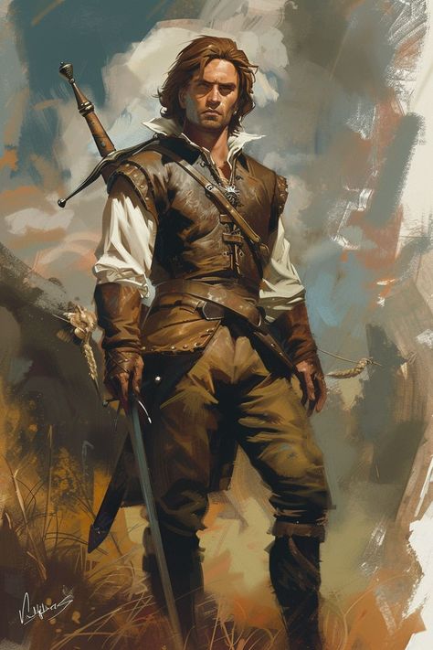 Explorer Fantasy Art, Adventurer Fantasy Art, Fantasy Npc Art, Dnd Swashbuckler, Dnd Fighter Art, Fighter Character Art, Male Dnd Character Design, Fantasy Soldier, Fantasy Fighter