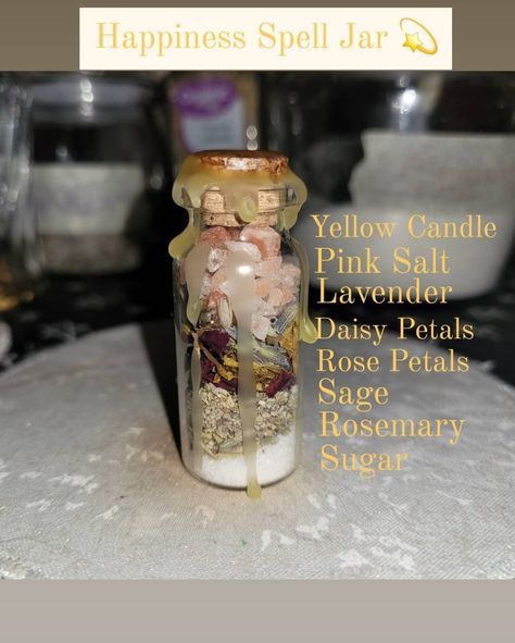 Witch Spells Ingredients, Happiness Spell Jar For Someone Else, Spell Bag Recipes, Spell Jars Recipes, Spell Jar Ingredients, Witch Spell Jars, Witch Ingredients, Happiness Spell Jar, Witch Notes