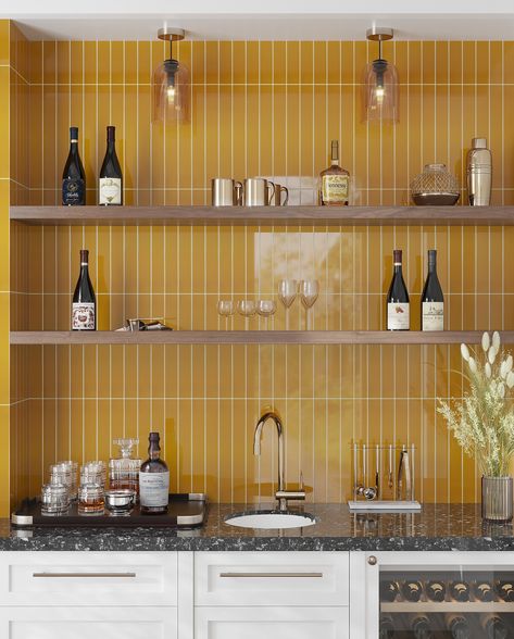 Meet Viva Ceramic Subway Tiles! 🌟 Elevate your space with 12 glossy, vibrant colors available in both flat and subtle 3D “peak” designs, complete with matching pencil trims. Perfect for creating stunning accent walls or backsplashes, mix and match styles, and get creative with your layout—whether vertical, horizontal, or a unique pattern. Swipe through to get to know our NEW collection! 🙌 Bright Kitchen Backsplash, Funky Kitchen Backsplash, Kitchen Backsplash Color, Yellow Kitchen Backsplash, Yellow Tile Kitchen, Yellow Kitchen Tiles, Yellow Wall Tiles, Mid Century Modern Tile, Subway Tile Kitchen Backsplash