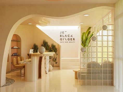 İrem Erekinci Design on Instagram: "Hi! ✨ Jet Black Ginger hair and beauty salon project in Bali! We designed it with modern, curvy forms and warm tones!🌻🧡 Designed by me #design #interiordesign #beautysalon" Bali Nail Salon, Black Ginger Hair, Salon Color Schemes, Coworking Office Design, Bali Decor, Black Ginger, Beauty Space, Coworking Office, Spa Interior