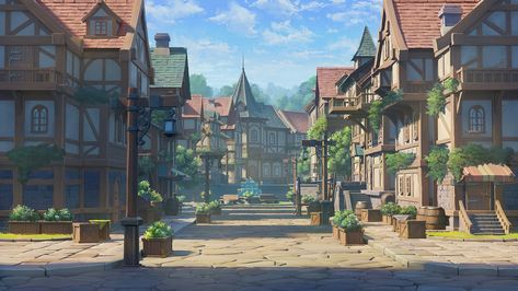 "Medieval Town" by Vincent Lau Medieval Town Drawing, Anime Town Background, Town Square Design, Environment Tutorial, Medieval Environment, Town Drawing, Art Presentation, Fantasy Village, Castle Background