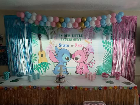 Stitch And Angel Decorations, Leo And Stitch Gender Reveal, Stitch Angel Gender Reveal, Stitch And Angel Gender Reveal Ideas, Lilo And Angel Gender Reveal, Gender Reveal Stitch, Stitch Gender Reveal Ideas, Lilo And Stitch Gender Reveal Ideas, Gender Reveal Ideas For Party Decoration Theme