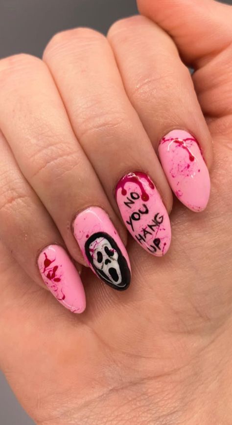 Halloween nail inspo for a short to medium length, with a hot pink base color and inspired by the movie “Scream” Short Spooky Nails Acrylic, Horror Nails Short, Pink Scream Halloween Nails, Pink Scream Halloween, Scream Halloween Nails, Scream Nail Art, Halloween Pedicure, Skull Nail Designs, Scream Nails