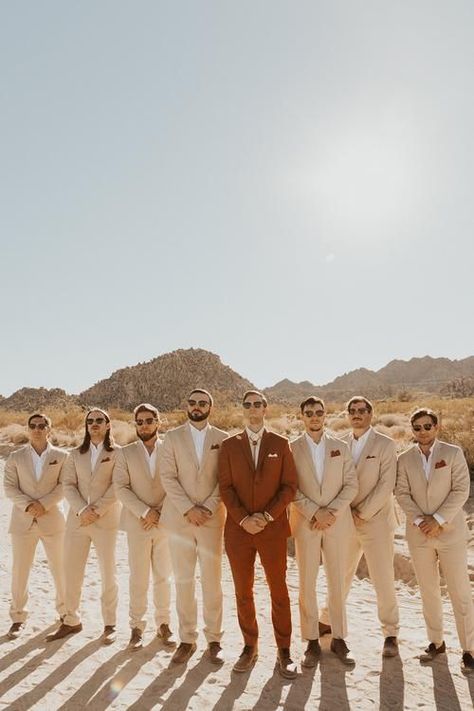 Groom Attire Terracotta Wedding, Terra Cotta Suit Wedding, Groomsmen Attire Copper, Desert Colors Wedding, Desert Wedding Mens Suit, Western Boho Groomsmen Attire, Boho Tuxedo Wedding, Terracota Wedding Theme Groomsmen, Grooms Outfit Ideas