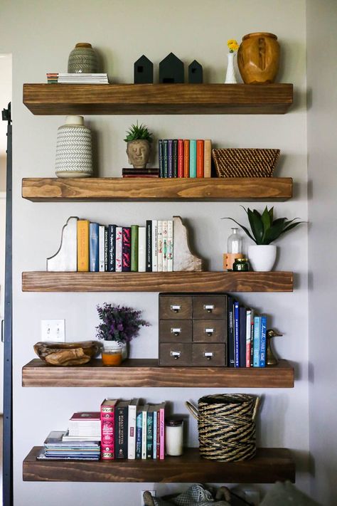 DIY Floating Shelves – Love & Renovations Diy Floating Shelves, Building Shelves, Kitchen Floating Shelves, Custom Floating Shelves, Shelves Floating, Styling Shelves, Corner Decor, All White Kitchen, Floating Shelves Diy