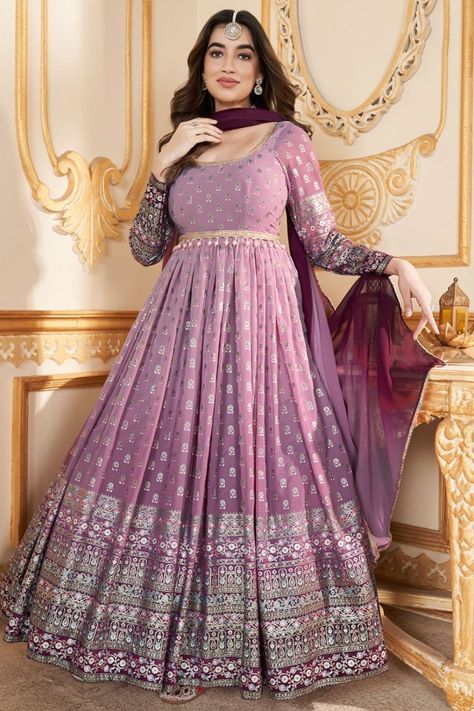 Lilac Pink Faux Georgette Anarkali Gown with Dupatta Frock Suit Anarkali Party Wear, Anarkali Suits Designer Party Wear, Frock Suit Anarkali, Anarkali Party Wear, Anarkali Bridal, Lehenga Styles, Suit Anarkali, Lavender Gown, Indian Anarkali