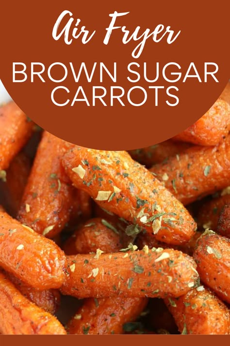 Closeup shot of delicious brown sugar air fryer roasted carrots. Carrot In Air Fryer, Cooked Carrots Air Fryer, Air Fryer Recipes Carrots, Roasted Baby Carrots Air Fryer, Air Fryer Roasted Carrots Recipe, Air Fryer Roast Carrots, Brown Sugar Carrots Air Fryer, Carrots Side Dish Air Fryer, Baby Carrots Air Fryer