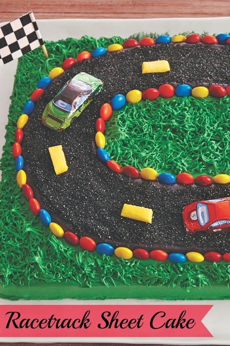 Have some racing fans in the family? Whip up this surprisingly simply cake with frosting grass and racetrack, perfect for a race-watching party or your favorite car lover’s birthday. The cars are even made of chocolate—how cute is that? Cake With Cars, Cars Cake Ideas, Chocolate Car, Birthday Cake For Boyfriend, Race Car Cakes, Cake For Boyfriend, Cars Birthday Cake, Cars Cake, Hot Wheels Birthday