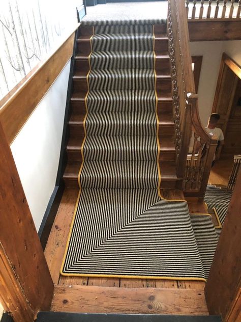 A lovely modern black and white striped carpet from Hugh Mackay. The customer also decided to take advantage of our in house carpet whipping service, and chose this bright and beautiful yellow colour to frame the runner. Absolutely stunning. Natural Wood Staircase, Wood Floor Stairs, Feature Staircase, Staircase Carpet, Striped Stair Runner, Mid Century Modern Rug, Bespoke Staircases, Black Stairs, Staircase Runner