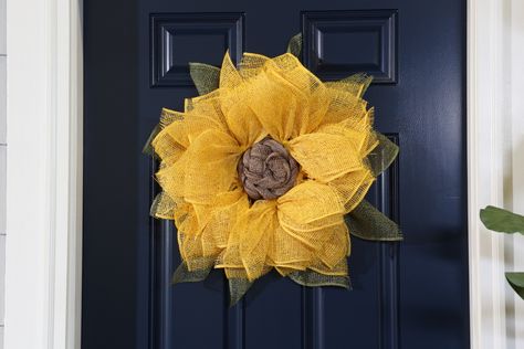 Sunflower Burlap Wreath Burlap Sunflower Wreath, Burlap Sunflower, Sunflower Burlap Wreaths, Sunflower Door, Pinecone Crafts, Farmhouse Tv, Burlap Wreath Diy, Wire Wreath Forms, Wreath Project