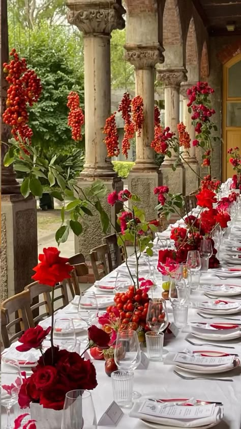 Your Wedding Aesthetics | The red accents create such a striking and romantic vibe for your wedding🌹🍇🍅 Flower arrangement @hattiemolloy | Instagram Red Wedding Accents, Flower Bar Ideas, Rustic Red Wedding, Red Roses Wedding, Red Wedding Decorations, Wedding Aesthetics, Mediterranean Wedding, Amalfi Coast Wedding, Red Rose Wedding