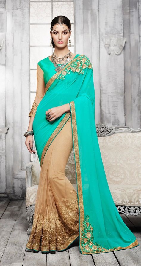 Party-wear-green-beige-color-saree Synthetic Saree, Synthetic Sarees, Green Color Saree, Bridesmaid Saree, Latest Indian Saree, Latest Designer Sarees, Indian Sarees Online, Designer Sarees Online, Green Saree