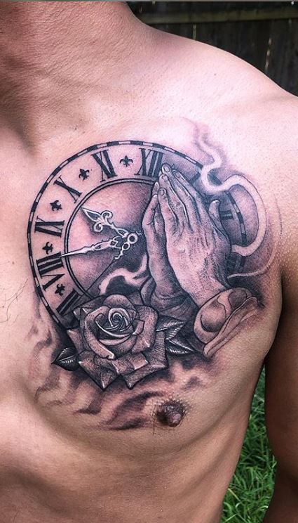 Praying Tattoo For Men, Tattoo Chest Ideas For Men, Clock Tattoo Design For Men Chest, Praying Hands Chest Tattoo, Tattoo For Chest Men, Clock Chest Tattoo For Men, Tattoo Ideas Chest Mens, Mother Tattoos For Men, Tattoo Ideas For Men On Chest