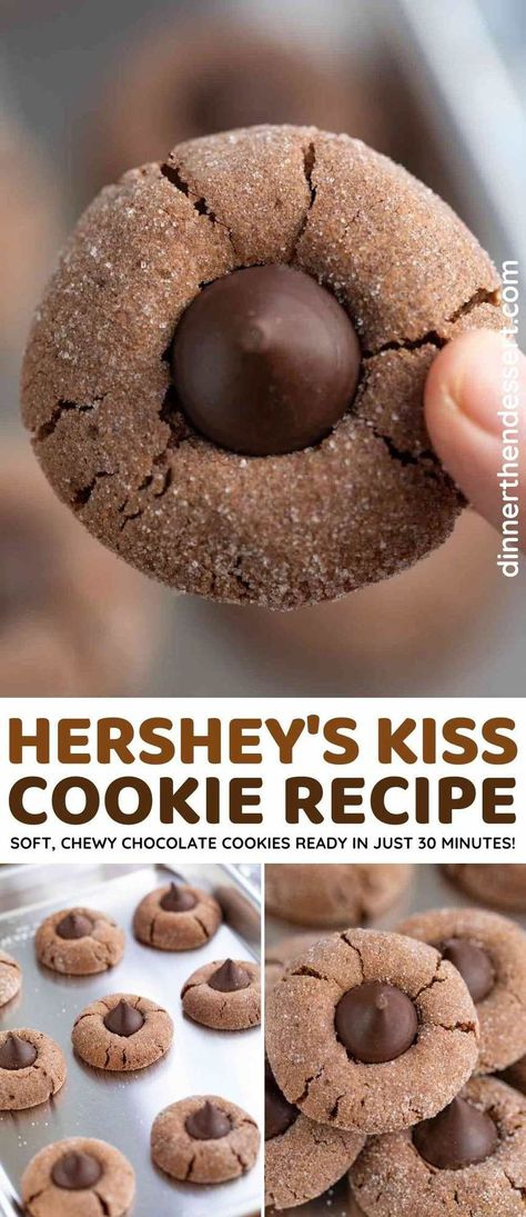 Cookie Thumbprint, Cookies With Hershey Kisses, Kiss Cookie Recipe, Chocolate Kiss Cookies, Hershey Kiss Cookies, Hershey Cookies, Soft Cookie Recipe, Dessert Oreo, Chewy Chocolate Cookies