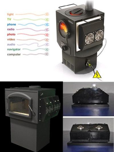 Woodburning stove with attached thermoelectric generator. Thermoelectric Generator, Free Electricity, Portable Power Generator, Woodburning Stove, Wood Heater, Fireplace Heater, Power Generator, Solar Energy System, Warming Up