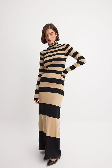 Fine Knitted Striped Maxi Dress Beige | NA-KD Tzniut Fashion, Dress Beige, Striped Maxi, Striped Maxi Dresses, Knitting Materials, Na Kd, Stripes Design, Turtle Neck, Long Sleeves