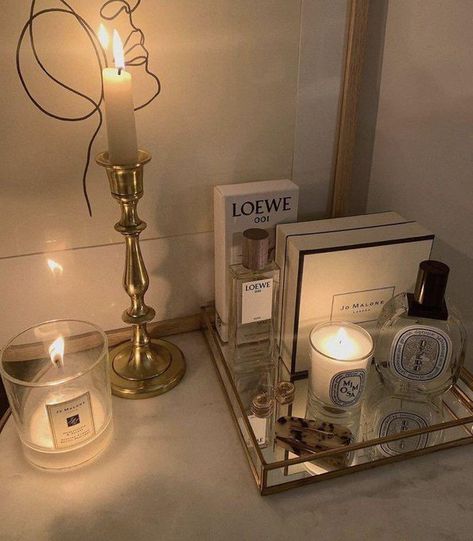 Candle Setup Ideas, Bedroom Candles, Boujee Aesthetic, Nightstand Decor, Aesthetic Candles, Aesthetic Board, Candle Aesthetic, House Room, House Goals