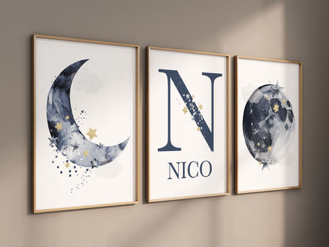 Navy nursery decor, cloud and stars, moon and stars, navy and gold nursery art. baby room wall art, boy nursery decor, set of 3, nursery art Navy And Gold Nursery, Navy Blue Nursery, Navy Nursery, Baby Room Wall Art, Boy Nursery Decor, Gold Nursery, Baby Room Wall, Art Boy, White Nursery