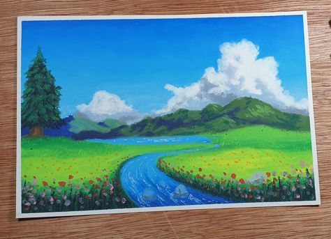 Oil pastel drawing Sill Life Painting, Scenery Drawing Landscapes, Oil Pastel Drawing Landscape, Oil Pastel Landscape Beautiful, Beautiful Scenery Drawing With Oil Pastels, Soft Pastel Landscape Easy, Soft Pastel Drawing Landscapes, Natural Scenery Drawing With Oil Pastels, Landscape Drawing Oil Pastel