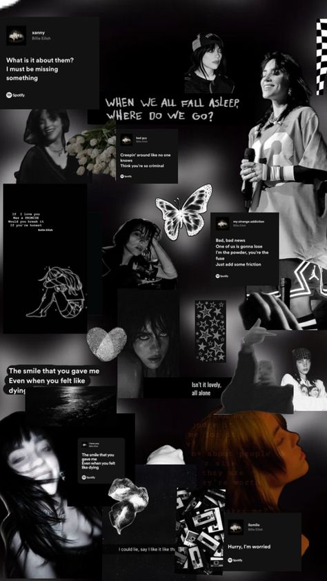 Billie Eilish Collage Wallpaper Black, Billie Eillish Wallpapers Aesthetic, Billie Eilish Themed Wallpaper, Black Billie Eilish Wallpaper, Billie Eilish Wall Collage, Music Artist Wallpaper Aesthetic, Billie Eilish Themed Room, Billi Eilish Wallpaper, Billie Eilish Black Wallpaper