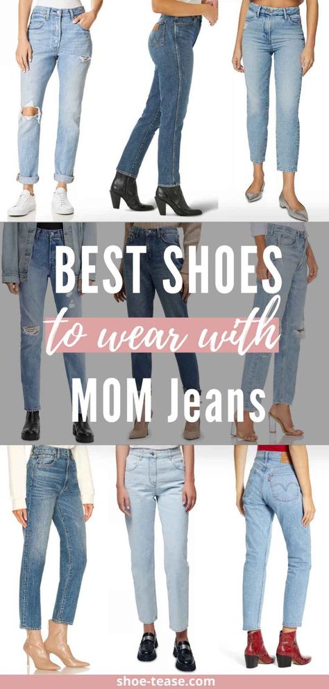 9 women wearing different mom jeans styles and shoes. Shoes That Go With Mom Jeans, Shoes For Mom Jeans Outfit, Mom Jean Outfits Sneakers, Shoes With Mom Jeans Winter, Shoes To Wear With Mom Jeans Winter, Mom Jeans Shoes How To Wear, Mom Jeans Outfit Boots, Mom Jeans Boots Outfit, What Shoes To Wear With Mom Jeans