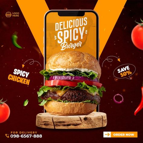 Burger Creative, Food Post Design, Creative Burger, Spicy Burger, Graphic Burger, Food Post, Social Media Branding Design, Media Branding, Creative Flyers