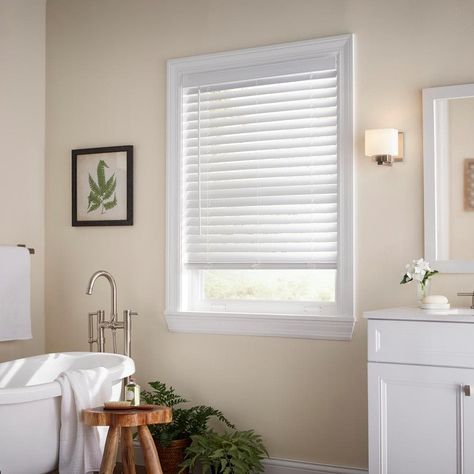 Home Decorators Collection White Cordless 2 in. Faux Wood Blind - 42.75 in. W x 54 in. L (Actual Size 42.25 in. W x 54 in. L)-10793478539970 - The Home Depot Inexpensive Blinds For Windows, Cordless Window Blinds, Bedroom Window Blinds, Wood Blinds For Windows, White Faux Wood Blinds, Room Darkening Blinds, Cordless Blinds, Bathroom Window Treatments, White Blinds