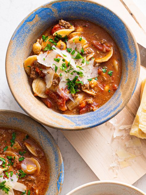 Tomato Orecchiette Soup with Ground Beef and Chickpeas — Local Haven Orecchiette Soup, Pasta Soup Recipes, Parmesan Rind, Soup With Ground Beef, True Food, Pasta Soup, Chickpea Recipes, Beef Soup, Tomato Pasta