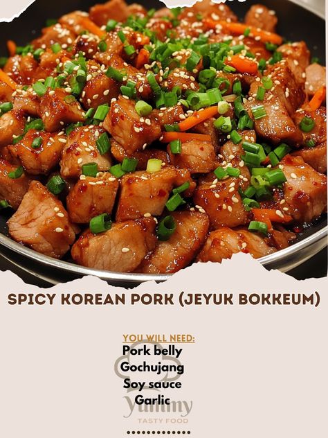 🔥 Add some spice to your life with Jeyuk Bokkeum! Bold flavors and tender pork for the perfect kick. 🍖🌶️ #JeyukBokkeum #KoreanSpice Spicy Korean Pork (Jeyuk Bokkeum) Ingredients: Pork belly, sliced (1 lb) Gochujang (2 tbsp) Soy sauce (2 tbsp) Garlic, minced (1 tbsp) Onion, sliced (1) Carrot, julienned (1) Green onion, chopped (2 tbsp) Sesame oil (1 tbsp) Sugar (1 tsp) Sesame seeds (for garnish) Instructions: Mix gochujang, soy sauce, garlic, sesame oil, and sugar in a bowl. Marinate the p... Jeyuk Bokkeum, Soy Sauce Garlic, Korean Pork, Instagram Recipes, Spicy Korean, Trending Recipes, Green Onion, Sesame Oil, Pork Belly