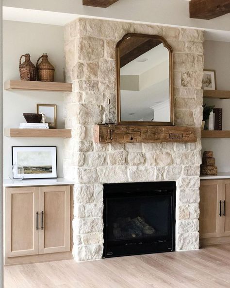 Creative Mines on Instagram: “Go neutral with stone and wood. #CreativeMines Product: Alpaca Craft Orchard Limestone @iastonesupply @uniquehomesia” Limestone Fireplace Surround, Built In Shelves Living Room, Limestone Fireplace, Stone And Wood, Fireplace Built Ins, Fireplace Remodel, Home Fireplace, Fireplace Makeover, The Fireplace