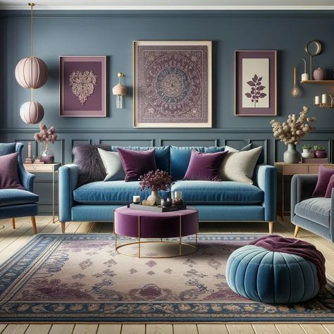 blue couch with plum furniture Plum Sofa Living Room Ideas, Blue And Plum Living Room, Purple Blue Living Room, Plum And Grey Living Room, Blue And Purple Living Room, Plum Living Room, Mauve Living Room, Purple Living Room Ideas, Blue Couch Living