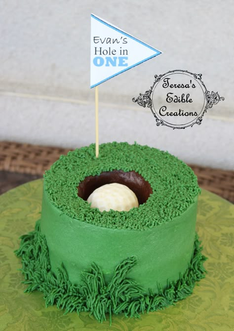 Golf hole in one smash cake Golf Themed Smash Cake, Hole In One Cake Smash, Golf Themed Desserts, First Birthday Golf Cake, Hole In One Smash Cake, Hole In One Birthday Cake, Hole In One Cake, Golf Cakes For Kids, Golf Smash Cake