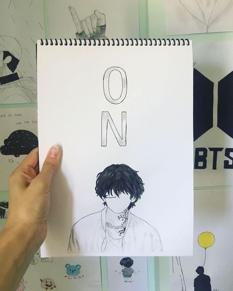 Kpop Inspired Drawings, Half And Half Paintings, Drawing Bts Easy, Bts Anime Drawing, Bts Related Drawings, Bts Inspired Paintings, Bts Aesthetic Drawing, Cute Bts Drawings, Bts Easy Sketch