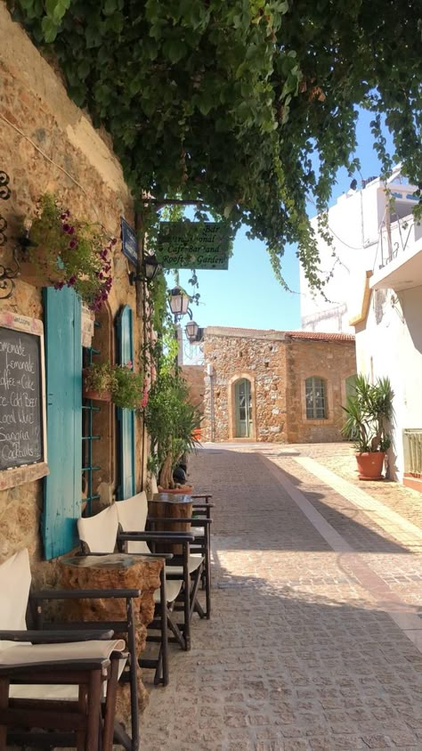 Malia Crete Old Town, Greek Town Aesthetic, Malia Greece Crete, Greek Home Aesthetic, Heraklion Crete Greece Aesthetic, Greek Holiday Aesthetic, Greek House Aesthetic, Malia Aesthetic, Crete Greece Aesthetic