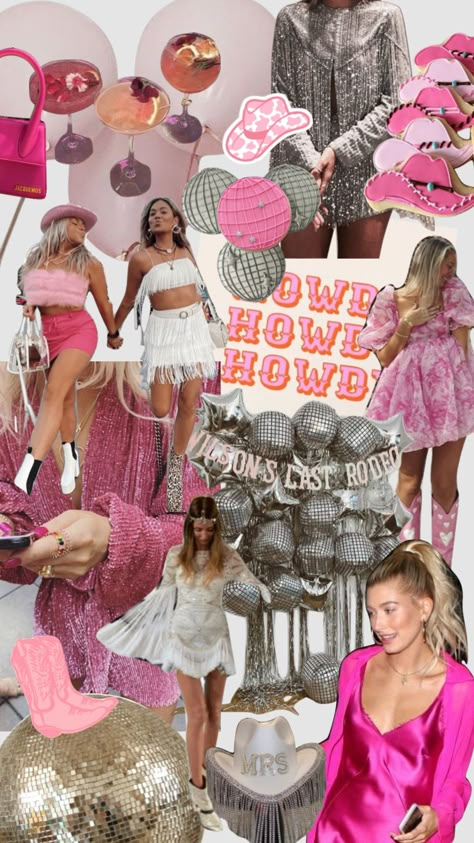 Retro Cowgirl Bachelorette Party Outfits, Cowgirl Theme Bachelorette Party Outfit, Cowgirl Bachelorette Party Outfits Pink, Pink Bach Outfits, Disco Cowgirl Bachelorette Outfit Pink, Cowgirl Themed Hens, Space Cowgirl Themed Bachelorette Party, Last Disco Cowgirl Bachelorette Party, Aesthetic Cowgirl Party