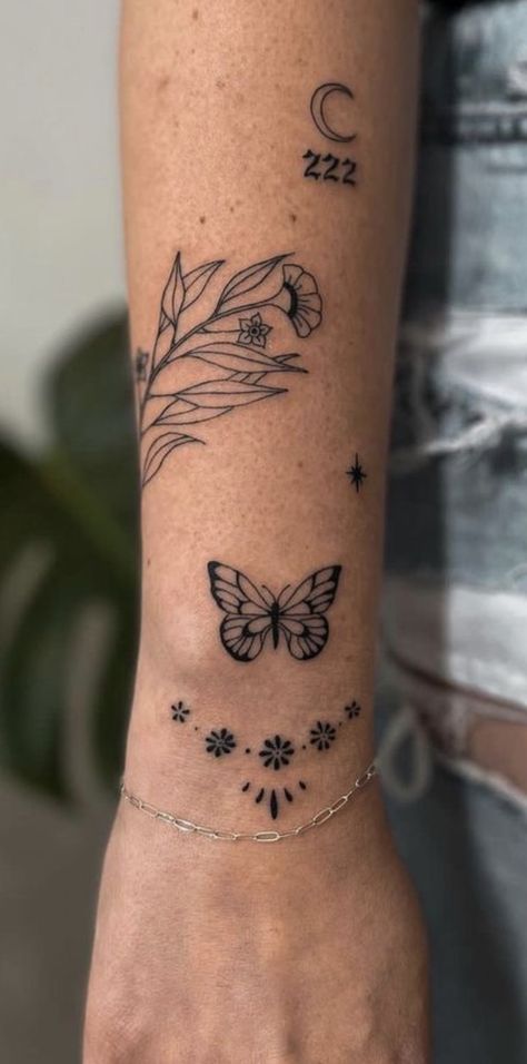 Tatoos Ideas Female Arms, Sticker Sleeve Tattoos For Women Ideas, Small Arms Tattoos, Inside Elbow Tattoos For Women Words, Women’s Tattoos On Stomach, Elegant Tattoo Placement For Women, Artsy Tattoos For Women, Edgy Women Tattoo, One Hour Tattoo Ideas