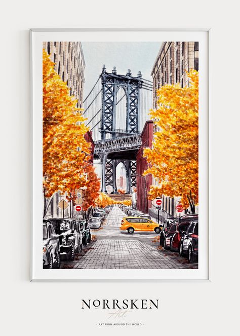 This watercolor painting of Brooklyn Bridge in New York was created from my own original paintings and was printed in high-resolution images so you can download them instantly and print them yourself, either at home or by using a professional printing service! It’s an easy way to get high-quality artwork for less money than a physical art print. #brooklyn #newyork #fall #watercolor #walldecor #printableart #painting #cityscape #travel #gift #brooklynbridge #USA Brooklyn Bridge Watercolor, Nyc Watercolor Painting, Brooklyn Bridge Painting, Peta Pikiran, New York Watercolor, New York Wall Art, Brooklyn Newyork, Bridge Painting, Bridge Art