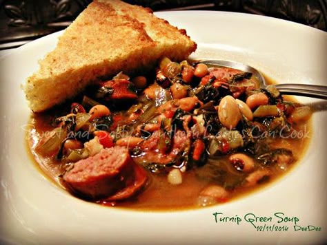 Easy Turnip Green Soup Turnip Green Soup, Cornbread Croutons, Soup With Sausage, Blackeyed Peas, Green Soup, Turnip Greens, Soup And Stew, Pea Soup, Soup And Sandwich