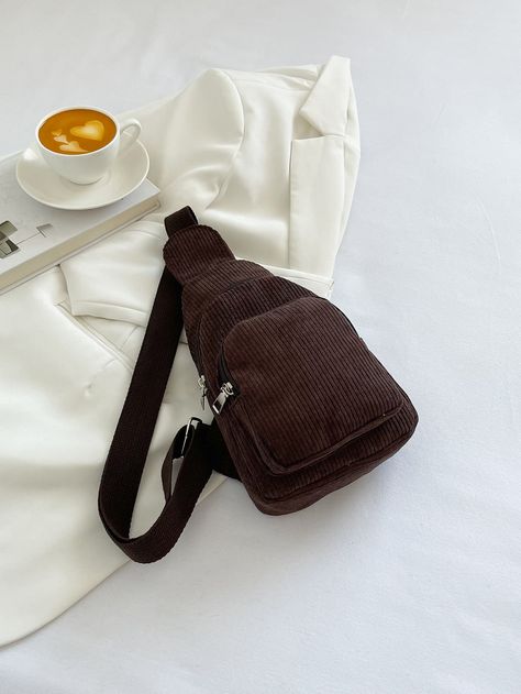 Coffee Brown Cool Collar  Fabric Plain Sling Bag Embellished   Women Bags Corduroy Sling Bag, Checked Shirt Women, Sling Bag Women, Mini Sling Bag, Waist Bag Women, Laser Engraved Leather, Women Choker Necklace, Womens Chokers, Adjustable Bag