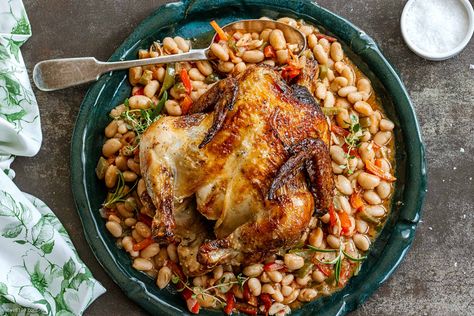 Grilled Chicken Broccoli, Chicken With White Beans, Chicken And Beans, Easy Roasted Chicken, Roasted Chicken Recipe, White Bean Recipes, Weekend Dinner, Savory Herb, Chicken With Olives