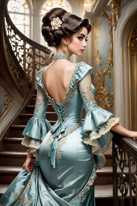 Elegant Vintage Dresses Victorian Gowns, Regal Poses, Classical Art Paintings, Victorian Dress Aesthetic, Baroque Background, Dresses For Dolls, Walking Up Stairs, Elegant Vintage Dresses, Harrison Fisher