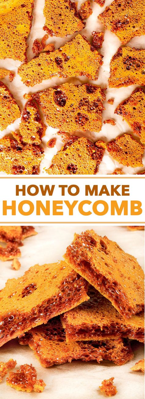 How To Make Homemade Honeycomb Candy - Ever wondered how to make honeycomb? Well, wonder no more – this quick and easy recipe for homemade honeycomb candy requires only 4 ingredients and 10 minutes! This delicious candy is gluten, dairy, egg, soy and nut free, and the recipe also has a vegan option. How To Make Honeycomb, Homemade Honeycomb, Honeycomb Recipe, Honeycomb Candy, Homemade Sweets, Homemade Candy, Homemade Candies, Köstliche Desserts, Cooking For Two