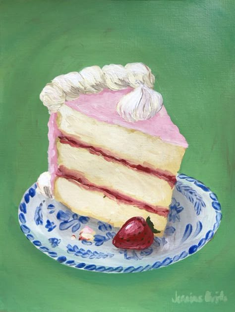 Slow Gin Fizz, Cake Painting, Cake With Strawberry, Teeth Art, Dessert Illustration, Food Sketch, Strawberry Cakes, Painted Cakes, Strawberry Desserts