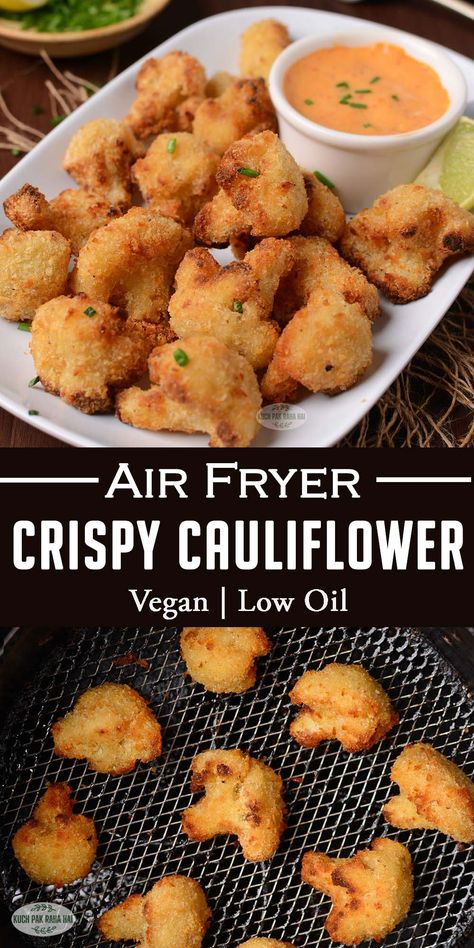 Air fryer Crispy Breaded Cauliflower Healthy Fried Cauliflower, Crispy Breaded Cauliflower, Battered Broccoli Air Fryer, Healthy Crispy Cauliflower, Vegan Breaded Cauliflower, Air Fryer Battered Cauliflower, Air Frying Cauliflower, Cauliflower Recipes In Air Fryer, Crispy Coliflower Airfryer