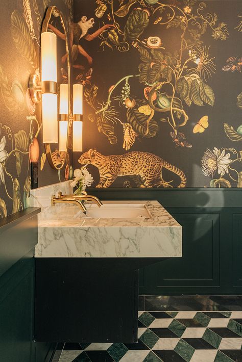 Exotic Bathroom Wallpaper, Dark Contemporary Bathroom, Leopard Wallpaper Bathroom, Animal Wallpaper Powder Room, Funky Wallpaper Powder Room, Funky Washrooms, Art Deco Bathroom Wallpaper, Jungle Bathroom Wallpaper, Eclectic Bathroom Wallpaper