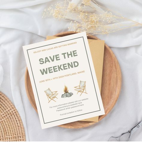 Save The Weekend, Camping Wedding Theme, Camping Wedding Invitations, Campground Wedding, Summer Camp Wedding, Wedding Invitation Fonts, Weekend Wedding, Rustic Save The Dates, Camp Wedding