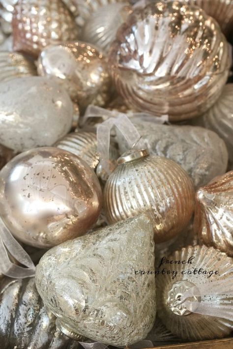 French Country blush mercury glass Christmas ornaments - French Country Cottage Country Ornaments, French Christmas Decor, Blush Christmas, French Country Christmas, Christmas Country, Mercury Glass Christmas Ornaments, Mercury Glass Christmas, French Christmas, Cottage Christmas