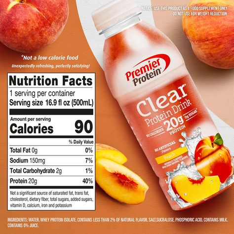 Amazon.com : Premier Protein Premier Clear Liquid Protein Drink Peach Bottle(16.9 Fl Oz Net Wt 202.8 ),Pack of 12 : Health & Household Clear Protein Drinks, Liquid Protein, 20g Protein, Premier Protein, Frozen Fruits, Clear Liquids, Protein Drinks, Protein Pack, Dietary Fiber